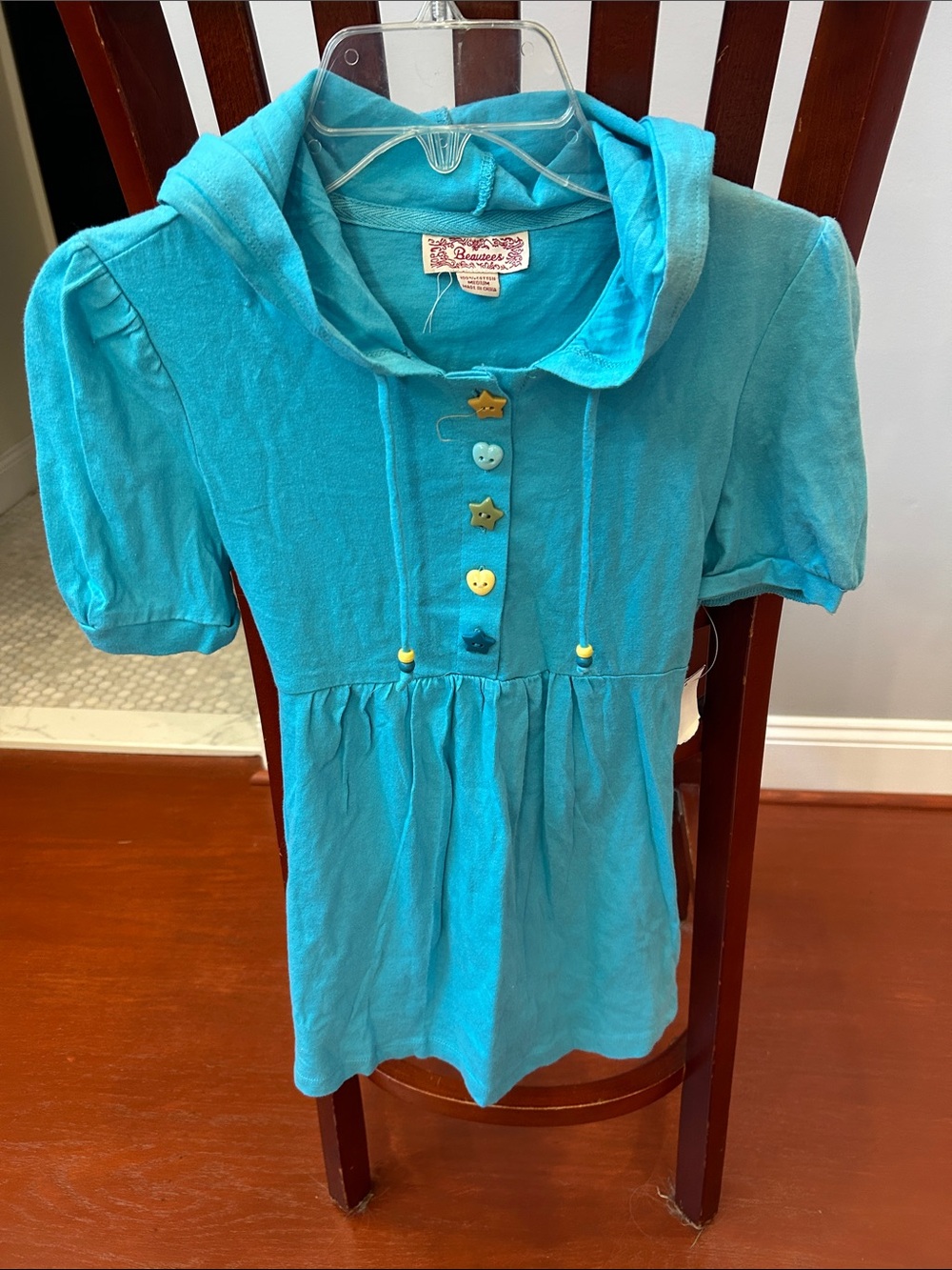 Beautees Girls' Turquoise Hooded Dress Top with Star Buttons